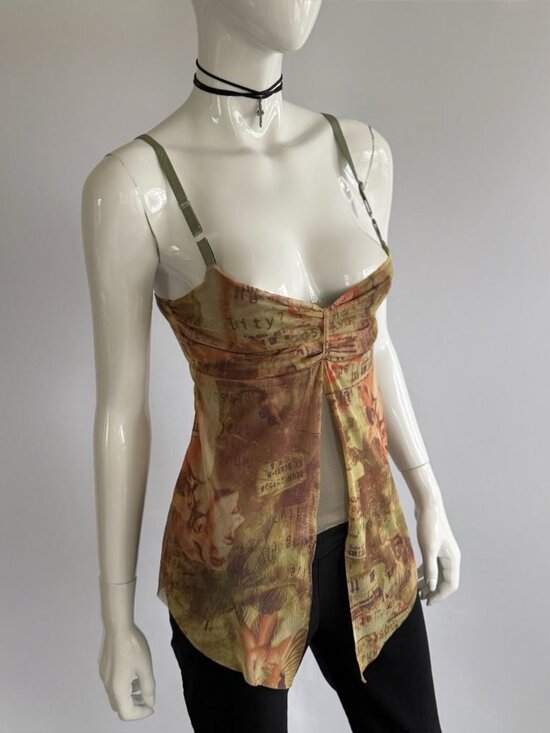 Unique Vintage Tops - Italian Vintage Asymmetric Mesh Cinched Bust Cami Top